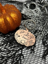 Load image into Gallery viewer, Hocus Pocus • Personalised Name tag, ID Tag, Dog tag, Cat tag, Custom keyring, Silver Aluminium, Brass or Copper • Halloween, Witch, Bats, Trees, Spooky