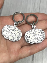 Load image into Gallery viewer, Hocus Pocus • Personalised Name tag, ID Tag, Dog tag, Cat tag, Custom keyring, Silver Aluminium, Brass or Copper • Halloween, Witch, Bats, Trees, Spooky