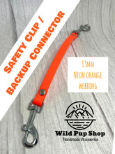Load image into Gallery viewer, Safety Clip / back up Connector for Collar, Harness and headcollar, Waterproof • Lots of Colours, Silver Hardware, Dog Cat, Handmade UK. Vegan Vegetarian, like biothane, Connector, safety Strap