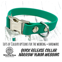 Load image into Gallery viewer, Quick Release Webbing Collar, Narrow (16mm) Waterproof • Lots of Colours, Clip Collar, Silver, gold, rose gold, neo and plastic Hardware, Dog Cat Animal Handmade UK. Vegan Vegetarian, like biothane