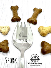 Load image into Gallery viewer, Personalised Pet Spoon • Fork, Spork, Teaspoon Table Spoon, dogs dinner, Pet Cutlery, raw spoon, raw fed, wet dog food cat puppy stainless steel