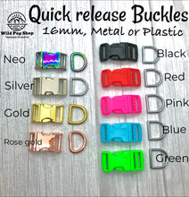 Load image into Gallery viewer, Quick Release Webbing Collar, Narrow (16mm) Waterproof • Lots of Colours, Clip Collar, Silver, gold, rose gold, neo and plastic Hardware, Dog Cat Animal Handmade UK. Vegan Vegetarian, like biothane