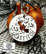 Load image into Gallery viewer, Bat and Ghost Attack • Personalised Name tag, ID Tag, Dog tag, Cat tag, Custom keyring, Silver Aluminium, Brass or Copper • Autumn, Fall, Halloween, Spooky, Stars