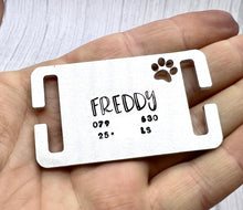 Load image into Gallery viewer, Simple • Slider Tag, Slide on tag, Agility tag, Fly ball Tag • Personalised Name tag, ID Tag, Dog tag, Cat tag, Custom keyring, Silver Aluminium, Brass or Copper •