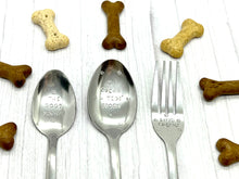 Load image into Gallery viewer, Personalised Pet Spoon • Fork, Spork, Teaspoon Table Spoon, dogs dinner, Pet Cutlery, raw spoon, raw fed, wet dog food cat puppy stainless steel