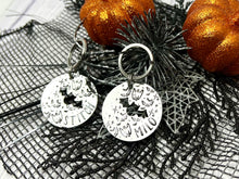 Load image into Gallery viewer, Bat and Ghost Attack • Personalised Name tag, ID Tag, Dog tag, Cat tag, Custom keyring, Silver Aluminium, Brass or Copper • Autumn, Fall, Halloween, Spooky, Stars