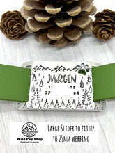 Load image into Gallery viewer, Adventure Life • Slider Tag, Slide on tag, Agility tag, Fly ball Tag • Personalised Name tag, ID Tag, Dog tag, Cat tag, Custom keyring, Silver Aluminium, Brass or Copper • Mountain, Trees, Forest