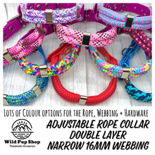 Load image into Gallery viewer, Adjustable Rope Collar, Double Layer, Narrow 16mm • Lots of Colours, Silver, gold, rose gold, neo Hardware, Dog Cat Animal Handmade UK. Vegan Vegetarian