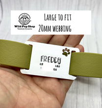 Load image into Gallery viewer, Simple • Slider Tag, Slide on tag, Agility tag, Fly ball Tag • Personalised Name tag, ID Tag, Dog tag, Cat tag, Custom keyring, Silver Aluminium, Brass or Copper •