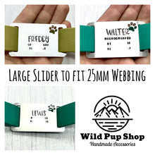 Load image into Gallery viewer, Simple • Slider Tag, Slide on tag, Agility tag, Fly ball Tag • Personalised Name tag, ID Tag, Dog tag, Cat tag, Custom keyring, Silver Aluminium, Brass or Copper •