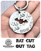Load image into Gallery viewer, Bat and Ghost Attack • Personalised Name tag, ID Tag, Dog tag, Cat tag, Custom keyring, Silver Aluminium, Brass or Copper • Autumn, Fall, Halloween, Spooky, Stars