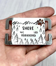 Load image into Gallery viewer, Adventure Life • Slider Tag, Slide on tag, Agility tag, Fly ball Tag • Personalised Name tag, ID Tag, Dog tag, Cat tag, Custom keyring, Silver Aluminium, Brass or Copper • Mountain, Trees, Forest