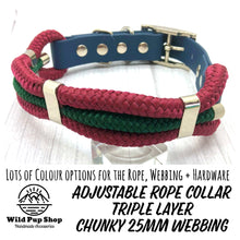 Load image into Gallery viewer, Adjustable Rope Collar, Triple Layer, Chunky 25mm • Lots of Colours, Silver, gold, rose gold, neo Hardware, Dog Cat Animal Handmade UK. Vegan Vegetarian