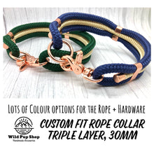 Load image into Gallery viewer, Custom Fit Rope Collar, Triple Layer • Lots of Colours, Clip Collar, Silver, gold, rose gold, neo Hardware, Dog Cat Animal Handmade UK. Vegan Vegetarian