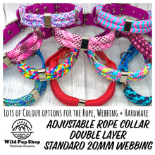 Load image into Gallery viewer, Adjustable Rope Collar, Double Layer, Standard 20mm • Lots of Colours, Silver, gold, rose gold, neo Hardware, Dog Cat Animal Handmade UK. Vegan Vegetarian