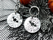Load image into Gallery viewer, Bat and Ghost Attack • Personalised Name tag, ID Tag, Dog tag, Cat tag, Custom keyring, Silver Aluminium, Brass or Copper • Autumn, Fall, Halloween, Spooky, Stars