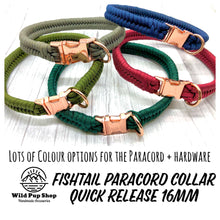 Load image into Gallery viewer, Paracord Fishtail Collar, Quick Release Collar, Narrow (16mm) Waterproof • Lots of Colours, Clip Collar, Silver, gold, rose gold, neo and plastic Hardware, Dog Cat Animal Handmade UK. Vegan Vegetarian
