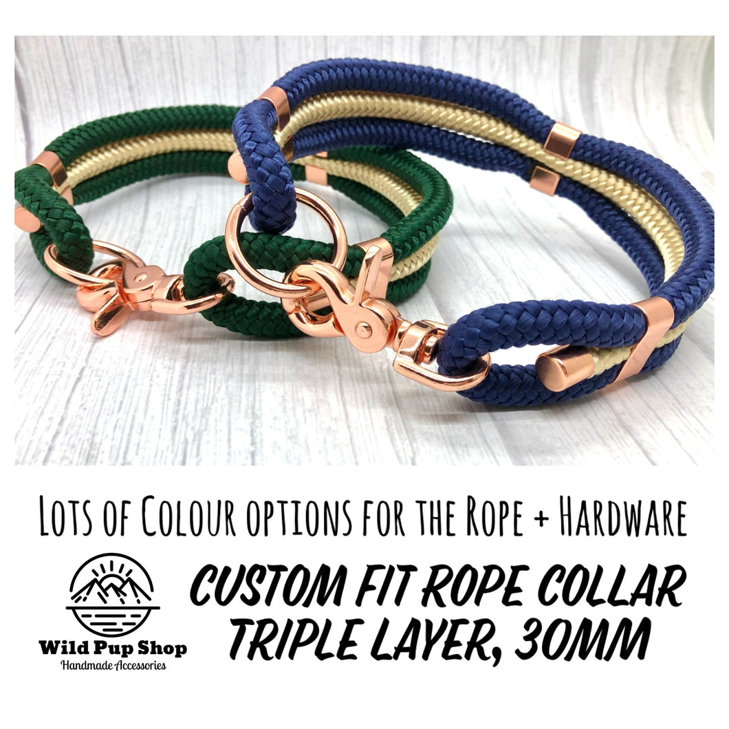 Custom Fit Rope Collar, Triple Layer • Lots of Colours, Clip Collar, Silver, gold, rose gold, neo Hardware, Dog Cat Animal Handmade UK. Vegan Vegetarian